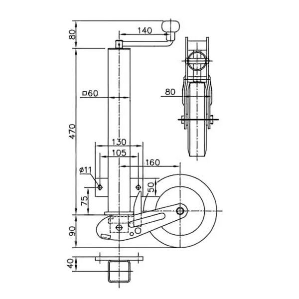 Опорне колесо причепа Winterhoff d60 мм довжина 560 мм сталевий диск 250 кг (1860667) 1860667 фото
